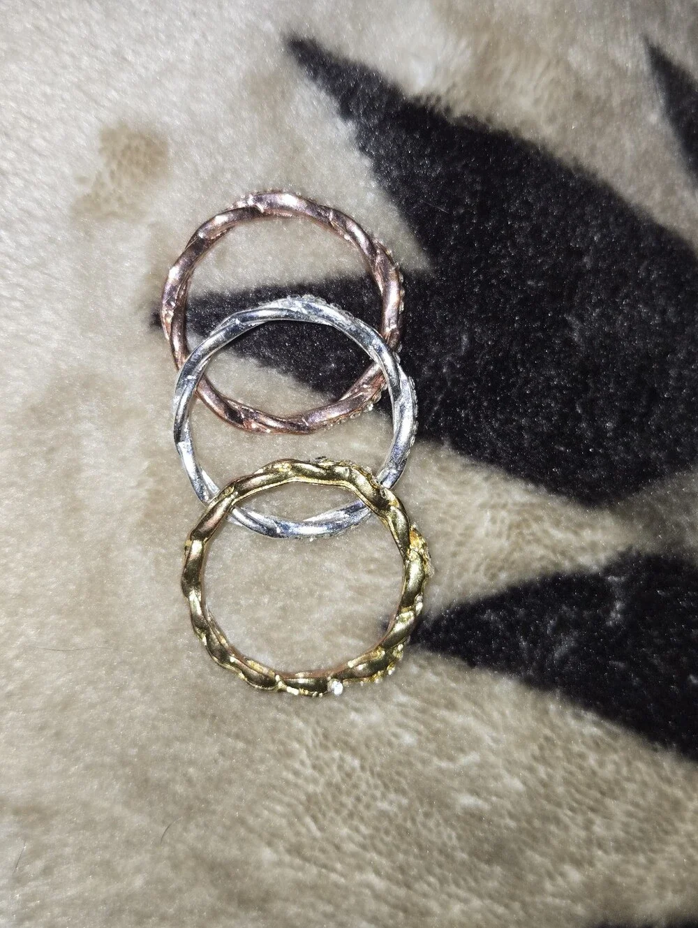 Three-Tone Twisted Stackable Ring Set - Pink/Gold/Silver